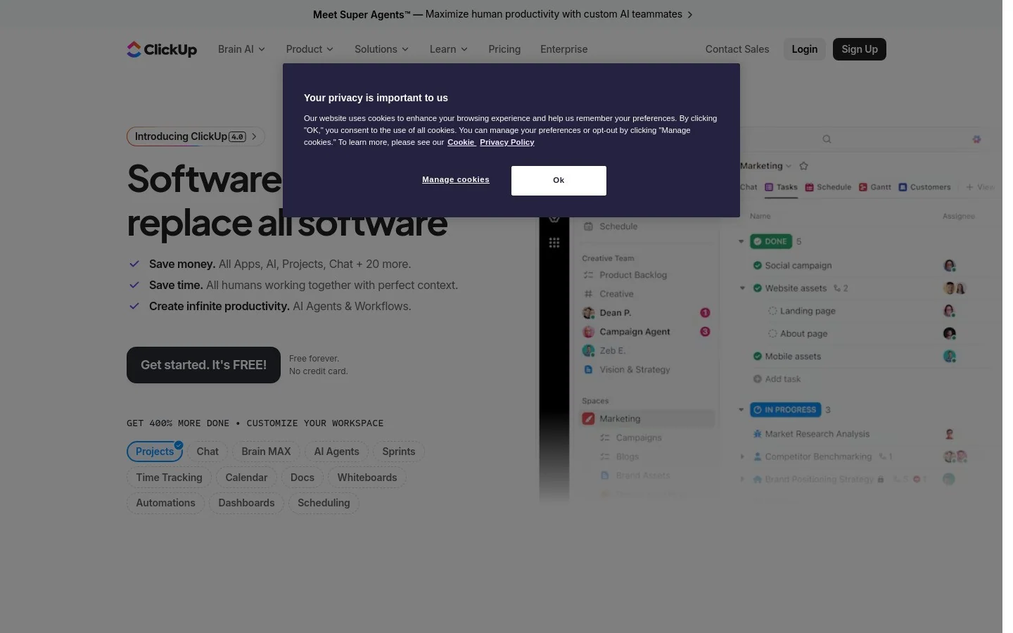 ClickUp homepage hero section showing project management platform