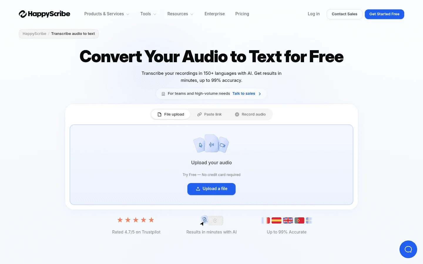 HappyScribe audio-to-text transcription software screenshot