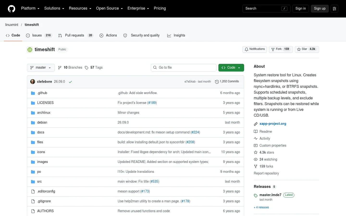 Timeshift official repository screenshot