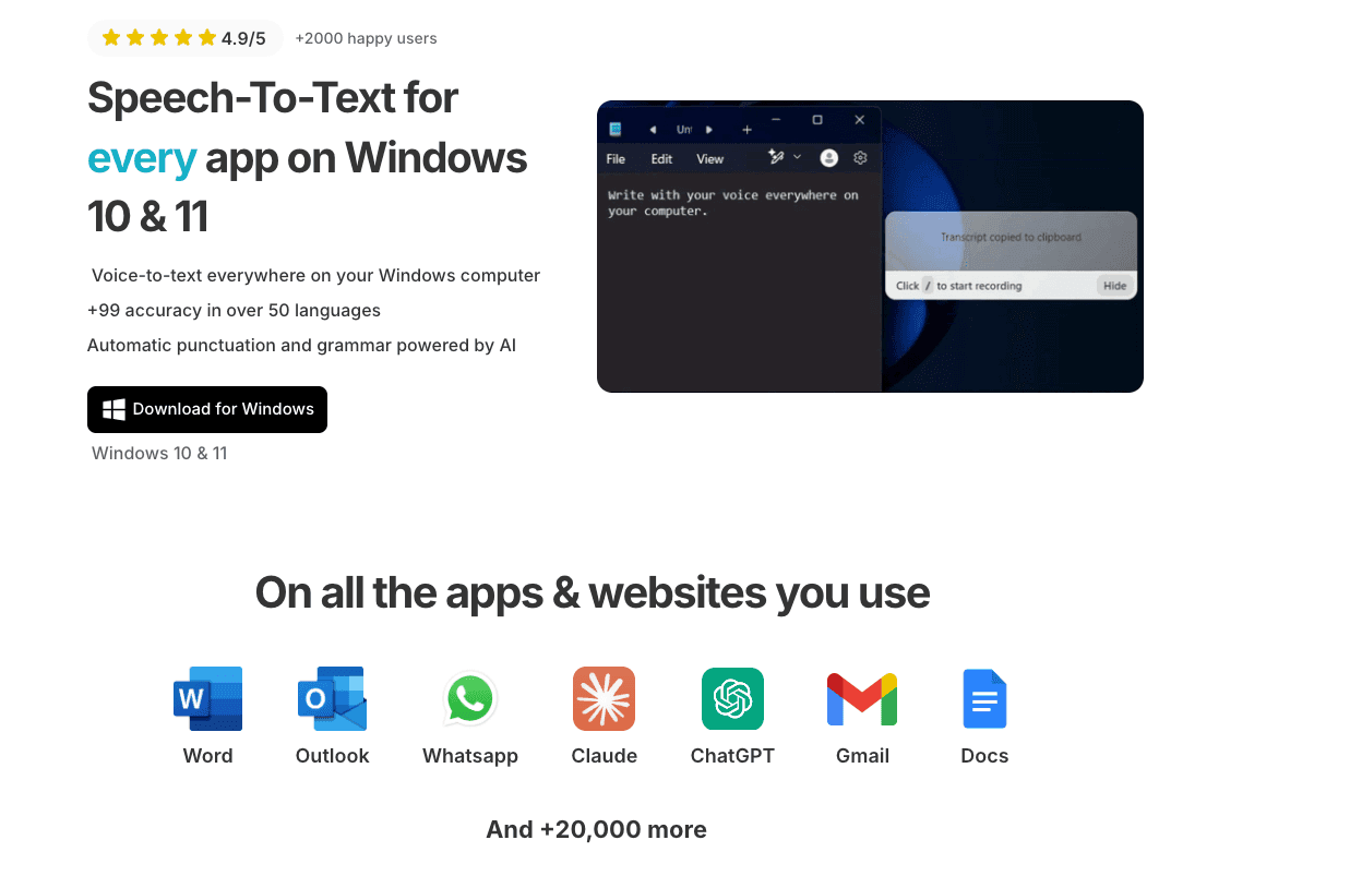 Homepage screenshot of Voicy Speech to Text writing app for Windows 